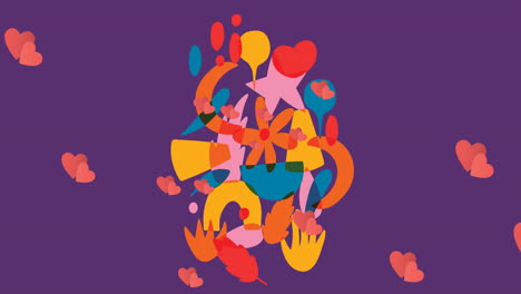 animación de la ilustración de formas de hojas exóticas de colores con corazones rojos que se mueven en púrpura
