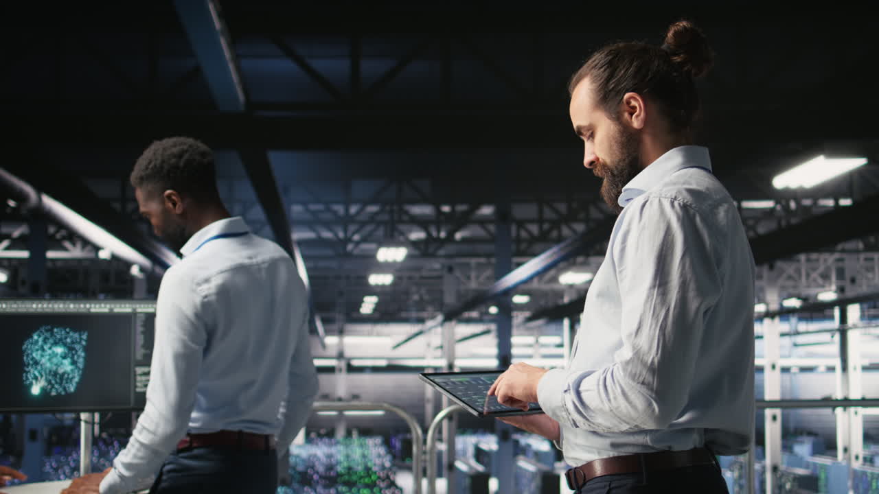 Programmers on data center industrial platform checking code on tablet