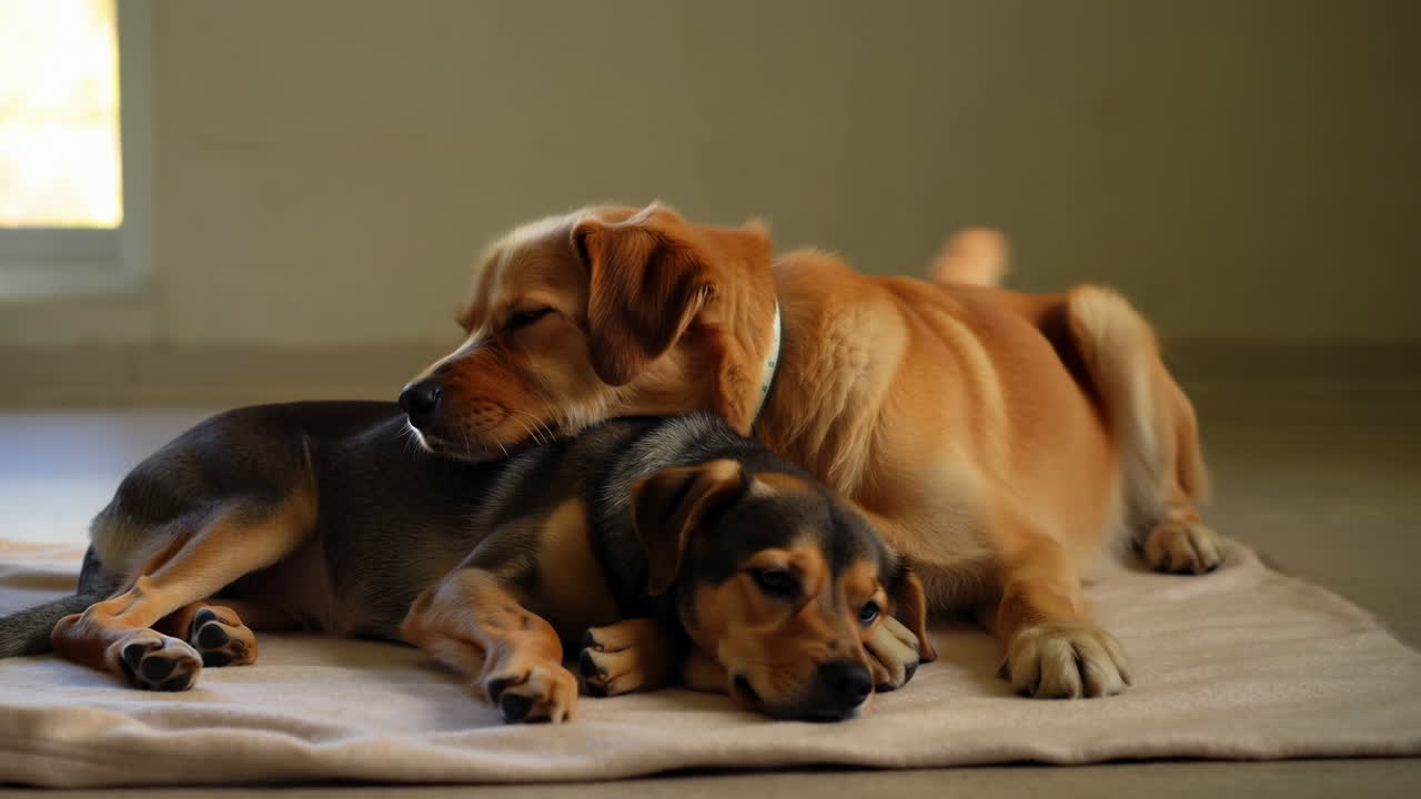 Dois Cães Aconchegados em Cobertor Perto da Janela, Luz Solar Quente Realça Pelos Marrons e Pelagem Macia, Ambiente Doméstico Interno