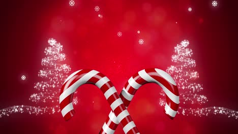 Zuckerstangen-Symbol-über-Sternschnuppe,-Die-Zwei-Weihnachtsbäume-Vor-Rotem-Hintergrund-Bildet