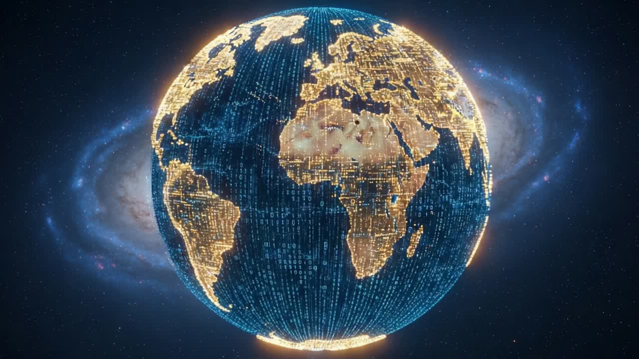 A Stunning Visual of the Earth Encircled by Stars and Galaxies, Showcasing the Brilliant Lighting of Continents on a Data-Driven Globe