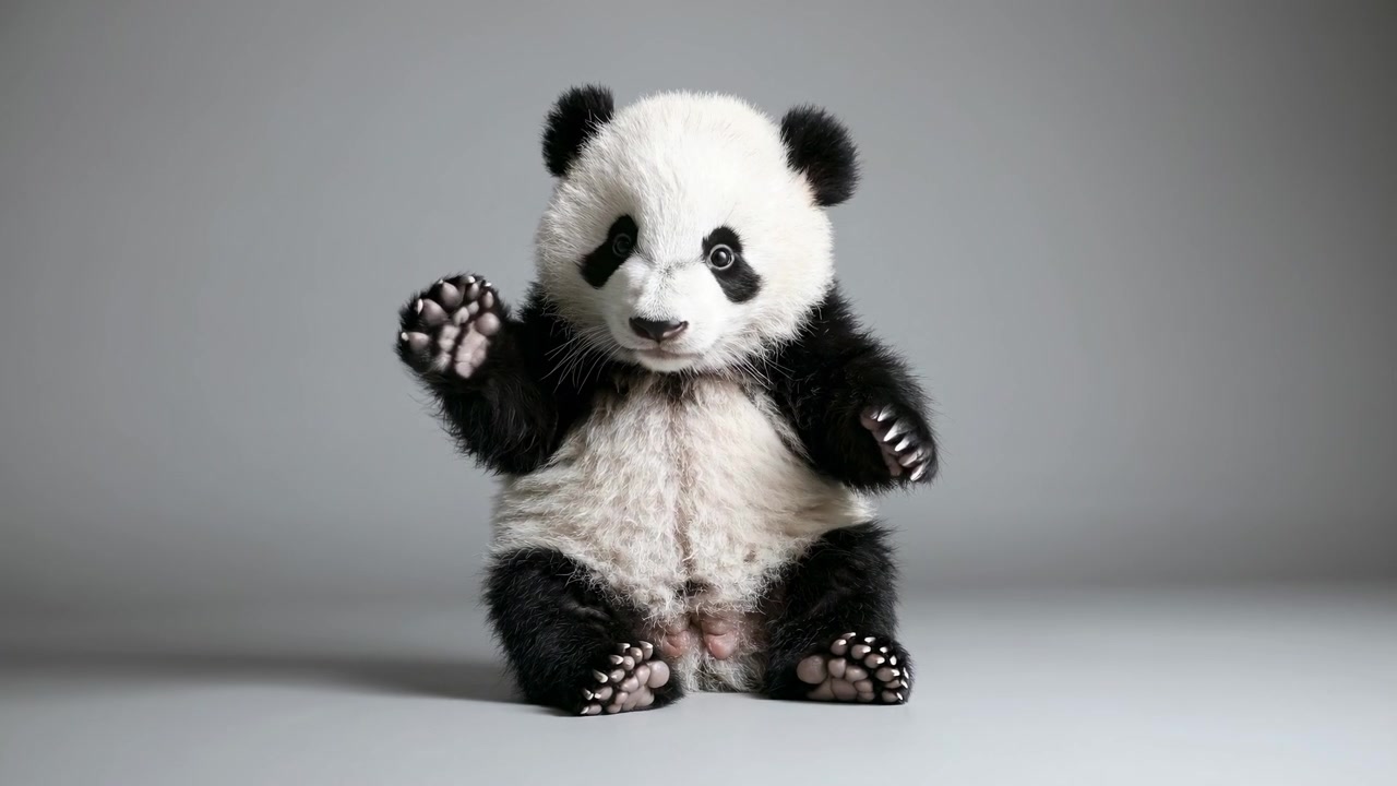 Tenero cucciolo di panda seduto che saluta con la zampa