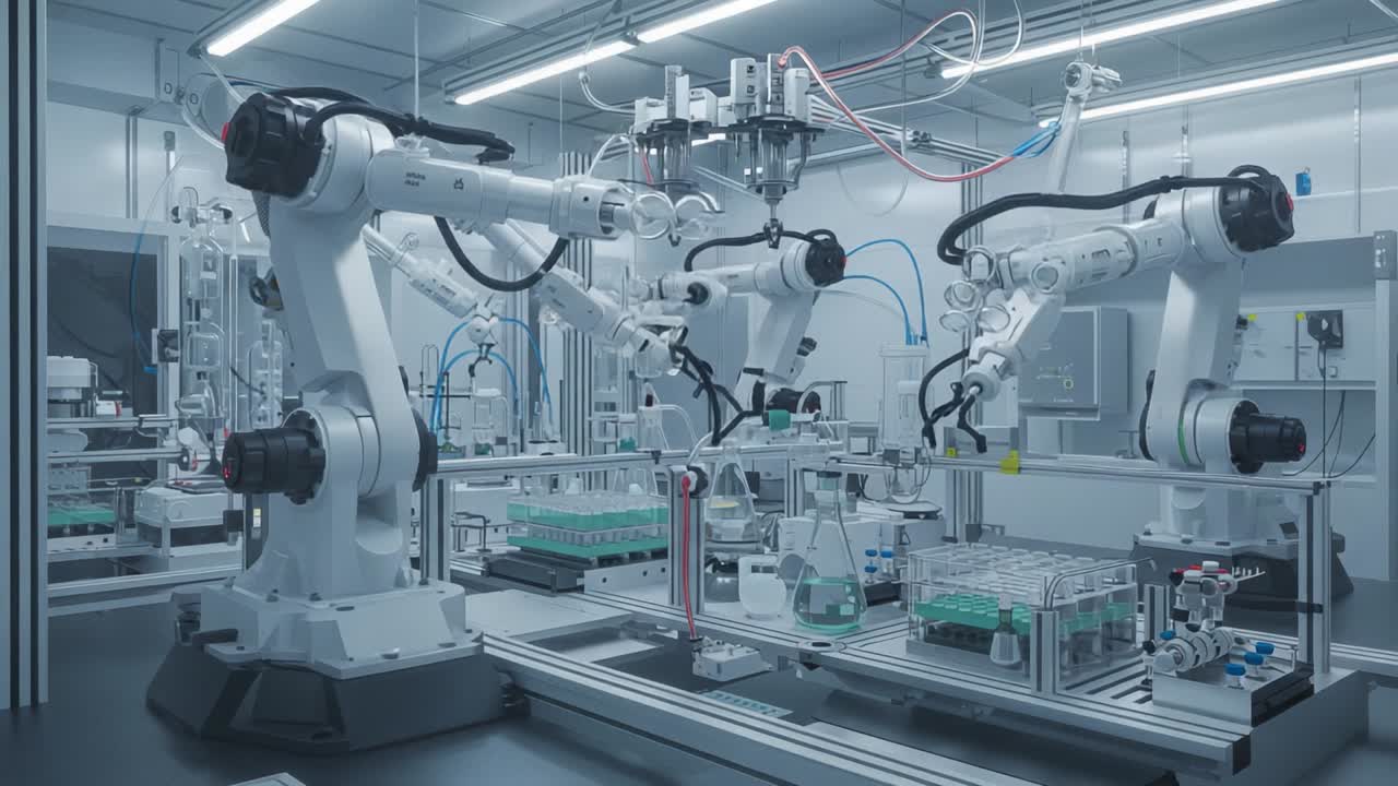 A High-Tech Laboratory Featuring Advanced Robotic Arms Engaged in Automated Processes with Precision Instruments and Glassware for Innovative Research and Development Activities