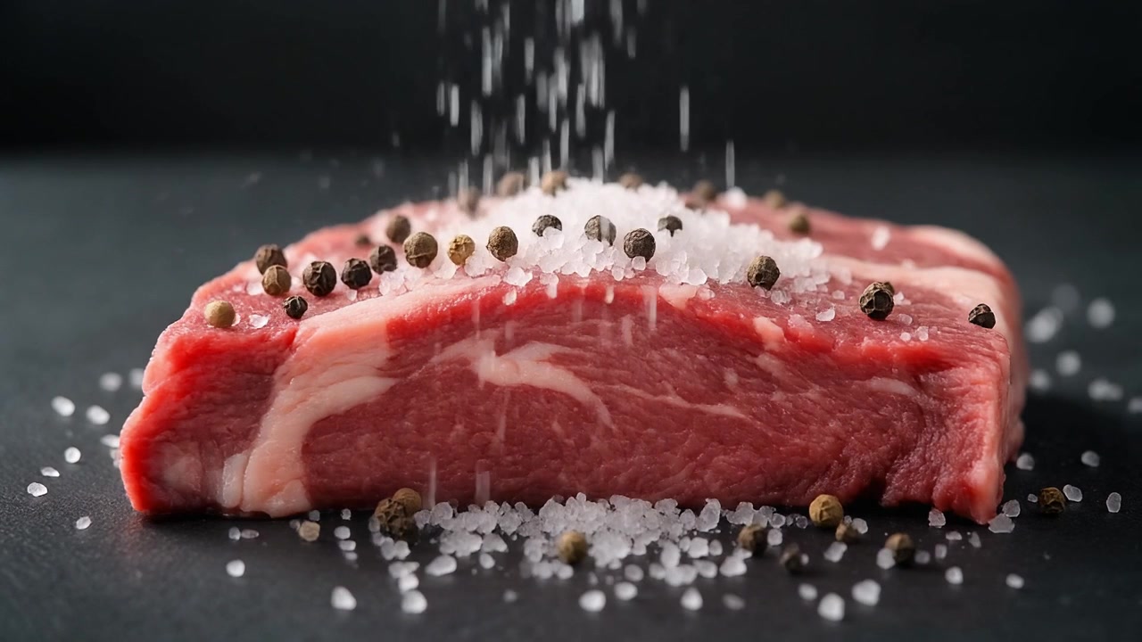 Coarse Salt Falling onto a Raw Beef Steak