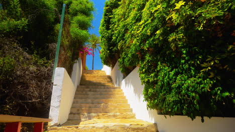 sunny stone stairway lined with lush greenery in mijas, spain, leading up to a vibrant, scenic view