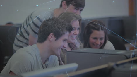 Animation-of-network-of-connections-over-group-of-students-using-computer-and-smiling-at-college