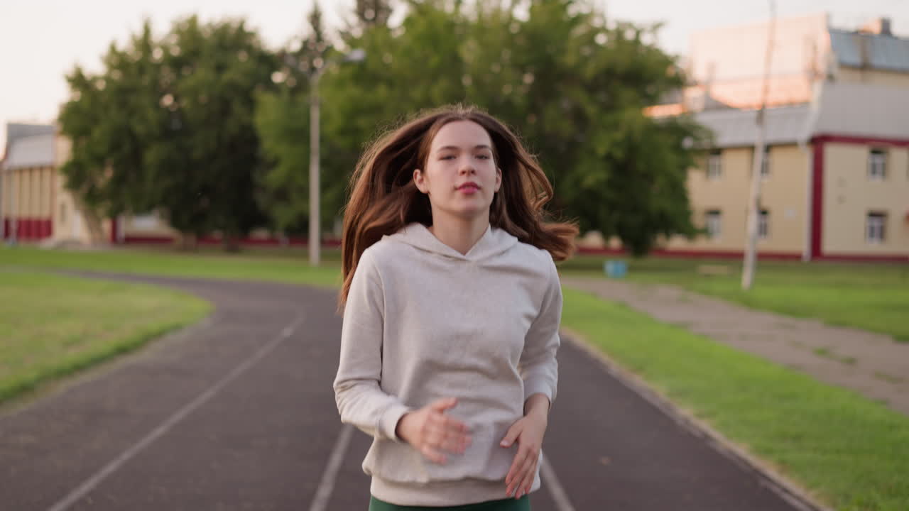 Lady commits to cardio workout. Young woman with loose hair runs at relaxed pace on stadium running track making most of active pastime. Exercise routine