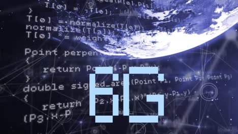 Animation of 6g text and computer language over connected dots, graph icons and globe