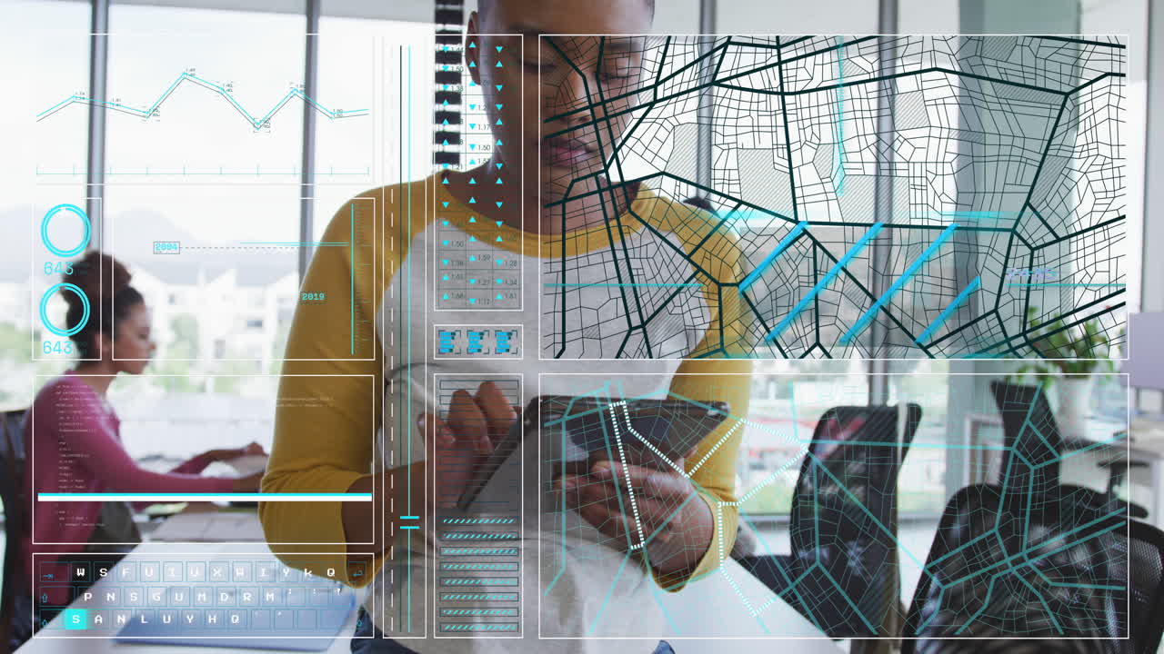 Animation of data processing over african american women using tablet