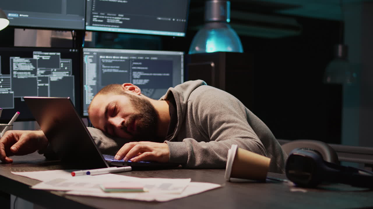Tired programmer working late at night