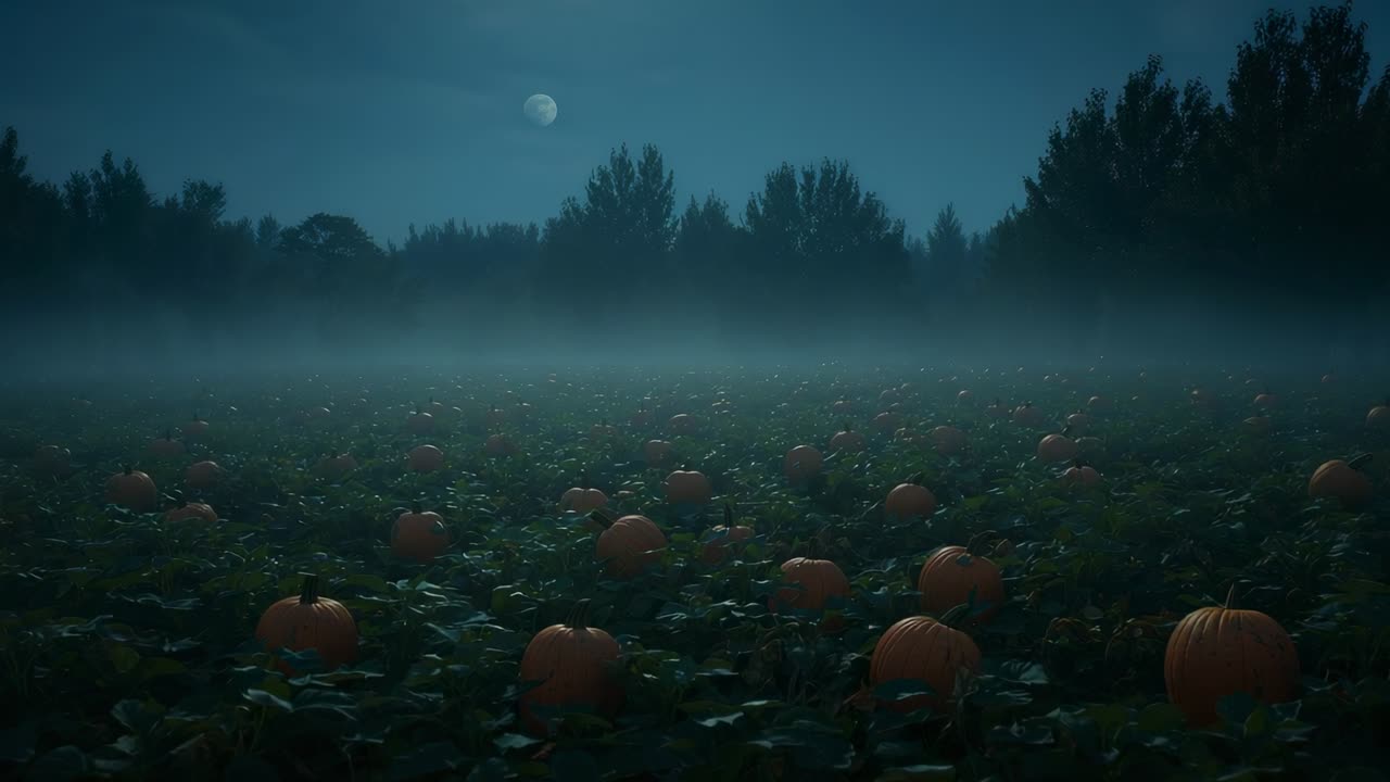 Opening scene showing camera moving forward through pumpkin patch at night, with half-moon and mist