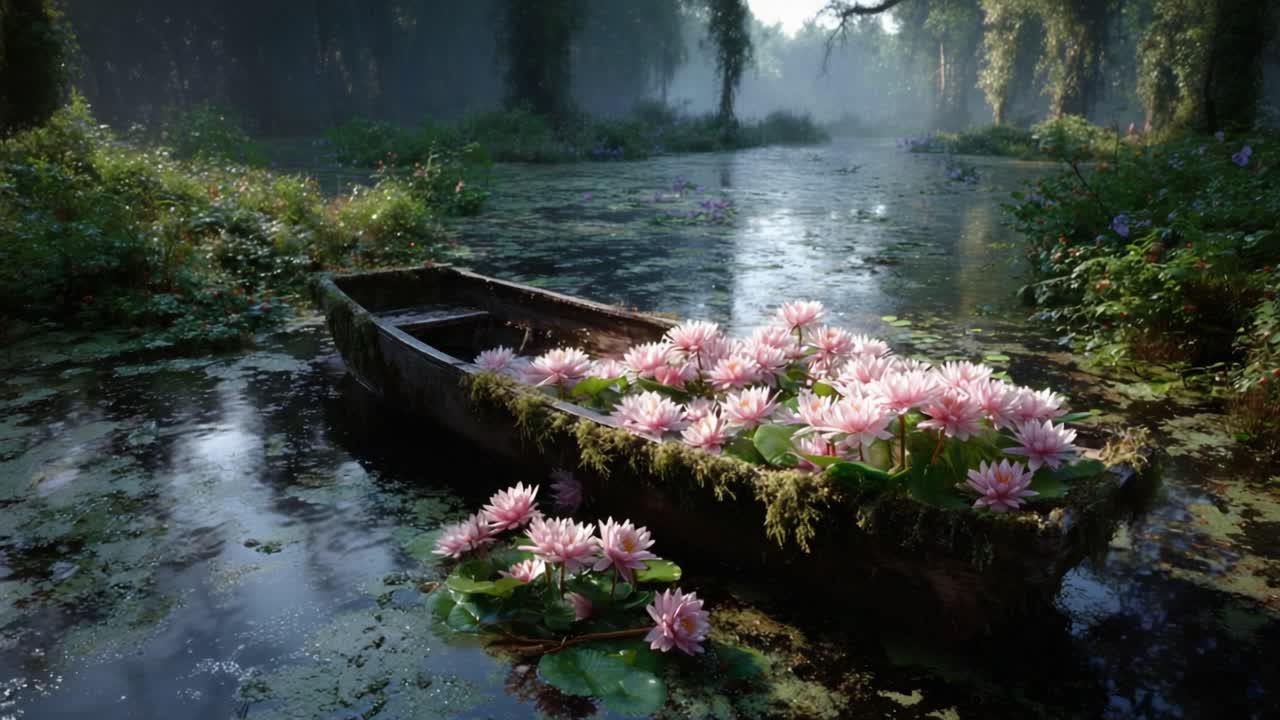 Serene Reflection of Nature: A Tranquil Scene Featuring a Weathered Boat Adorned with Flourishing Water Lilies Amidst a Lush, Misty Landscape