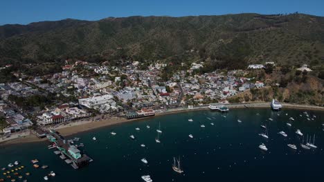 wide view of avalon catalina island coastal beach town california aerial 4k drone footage