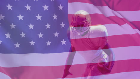 animation of african american american football player and flag of usa