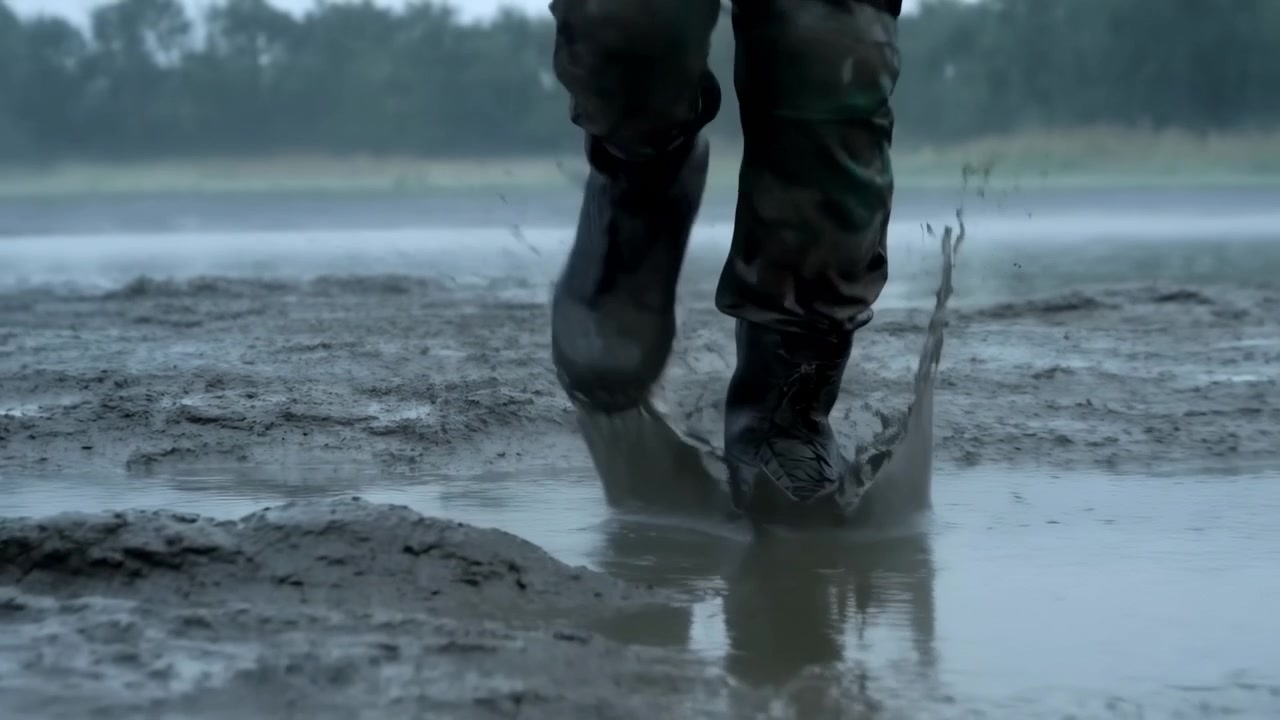 Onderbenen in laarzen bewegen snel door een ondiepe modderige plas buiten, waterspatten creërend langs een ruw natuurlijk pad onder zacht bewolkt licht.