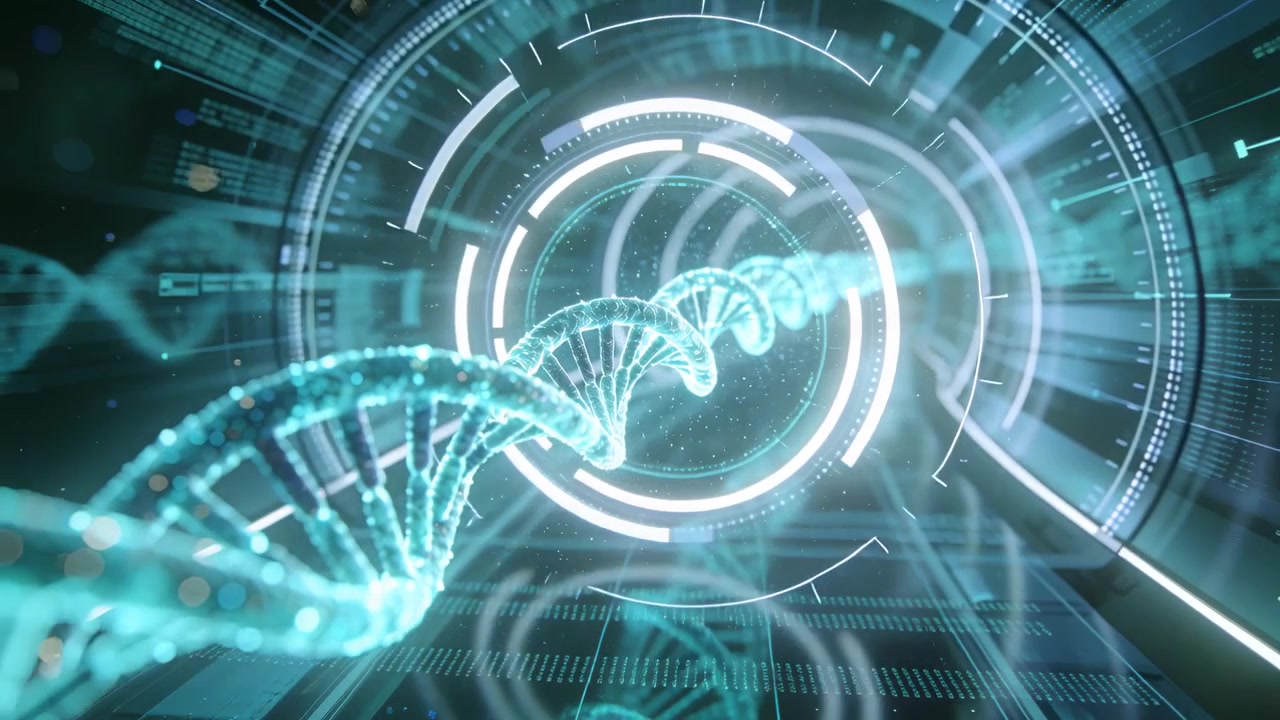 Anelli HUD che si illuminano, avviando un'elica di DNA turchese che avanza in un tunnel per la scansione.