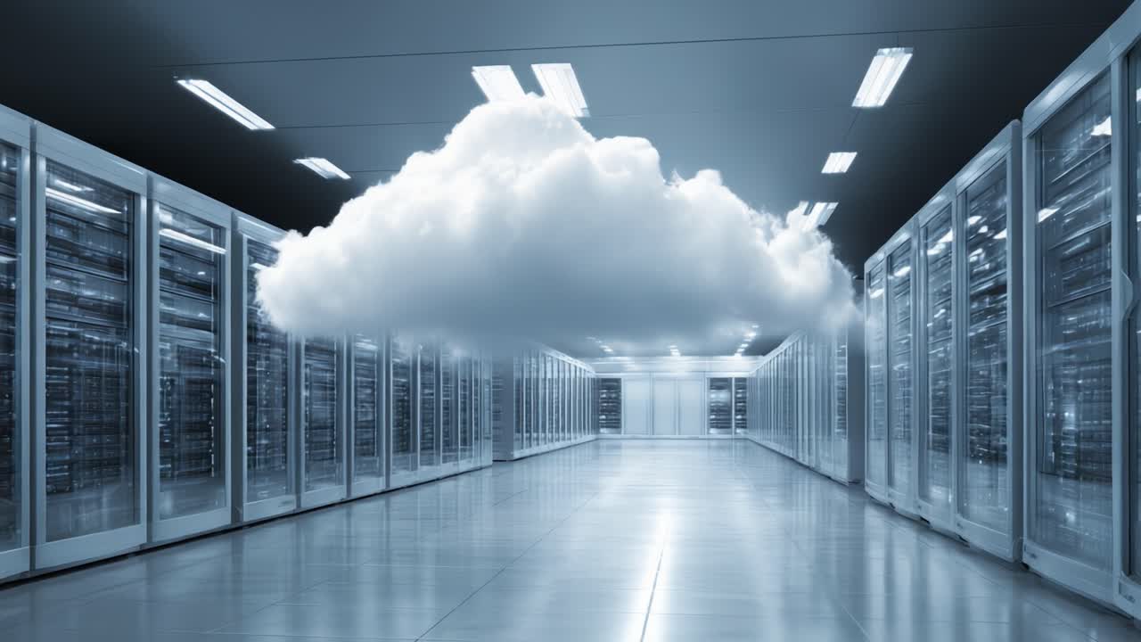 A Surreal Depiction of a Cloud Floating Above Rows of Servers in a Data Center, Blurring the Lines Between Digital and Physical Realities in Modern Technology