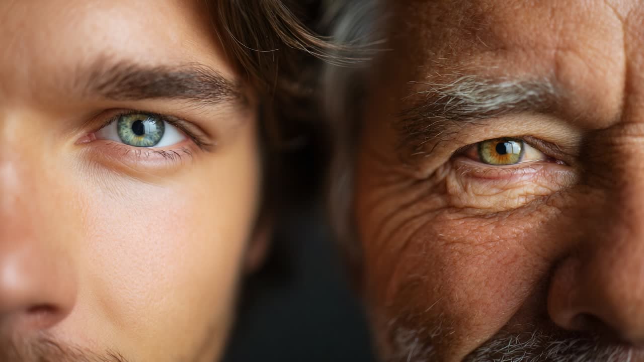A Captivating Close-Up of Generational Connection: A Young Man's Vibrant Blue Eyes Aligned with an Older Man's Warm Hazel Gaze, Highlighting the Depth of Their Relationship Through Expressive Eye Features