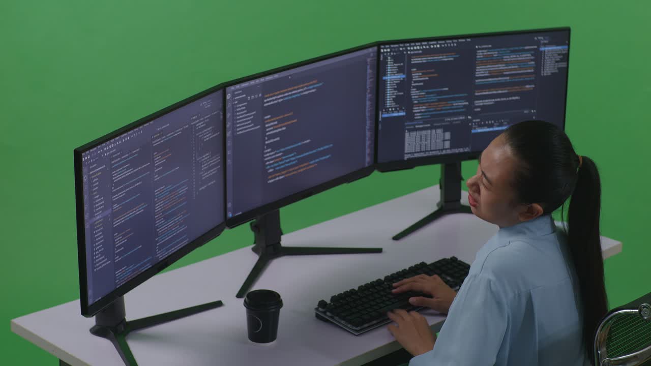 Side View Of Asian Woman Developer Having Backache While Write Code With Multiple Computer Screens In Green Screen Studio