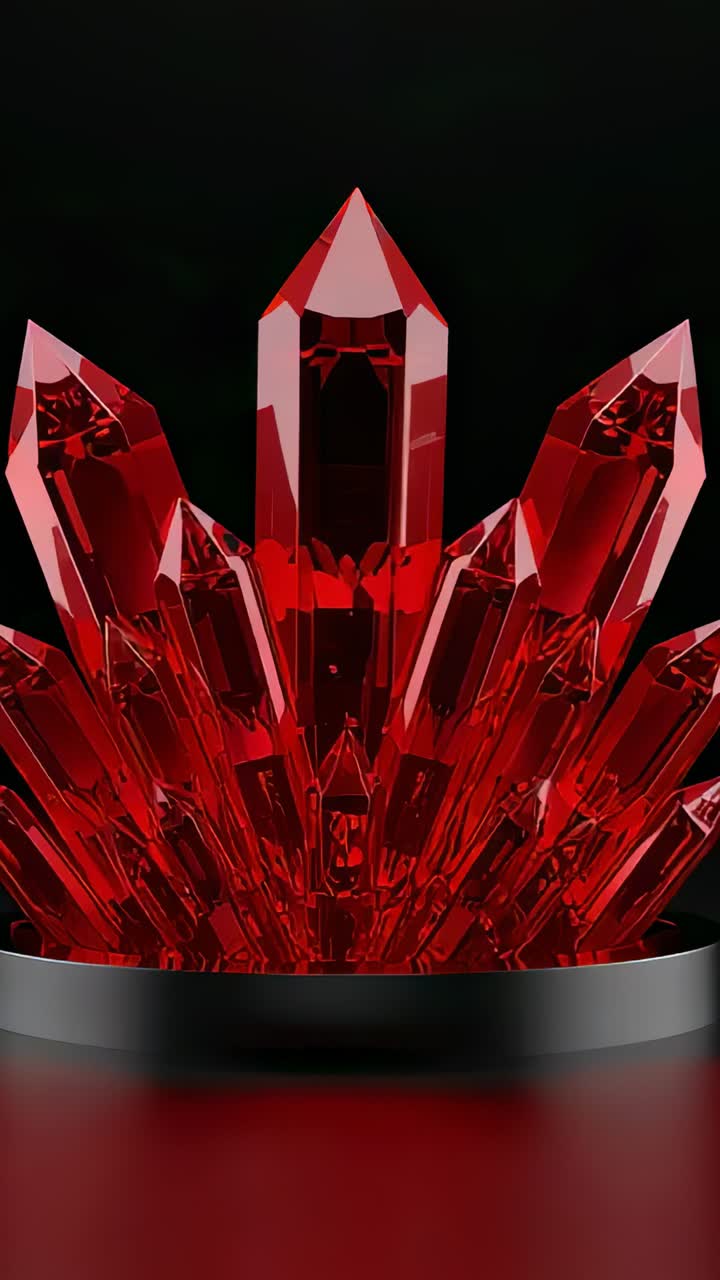 Vertical video: Shifting lights showing red crystal cluster on black base in studio, showing facets