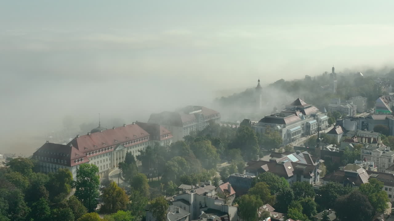 Foggy Morning Aerial View of Sopot, Poland
