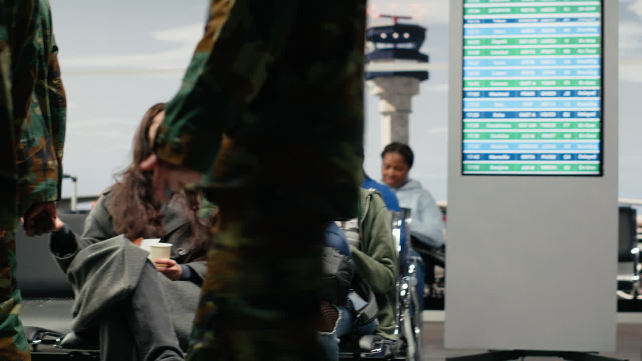 Patrolling, amusement and women in airport looking at army squad