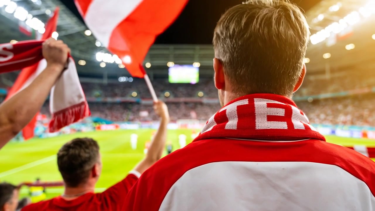 Jublende fan i rød jakke, der løfter halstørklæde på stadion efter kampstart, nær holdets flag.