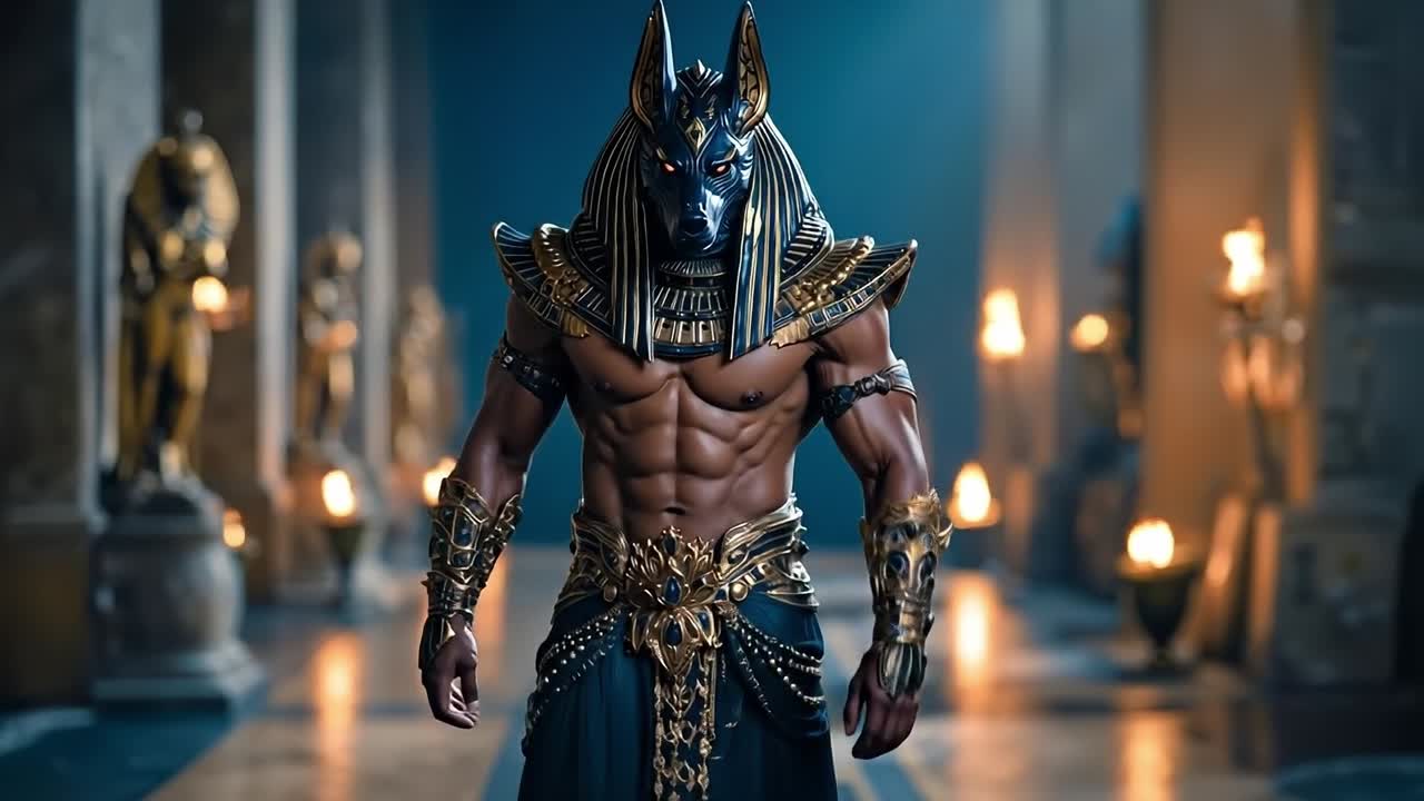 A man dressed as anubis standing in a dark room