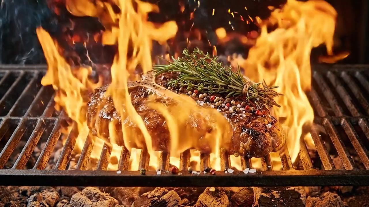 Bistecca T-bone che griglia su fiamme vive