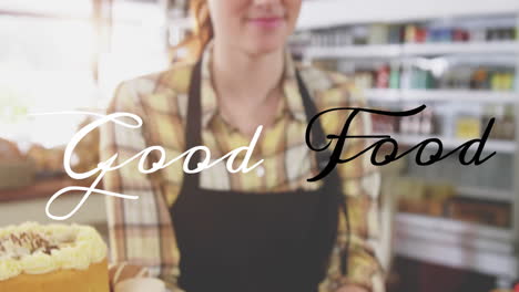 good food text animation over woman in apron holding pastries in bakery