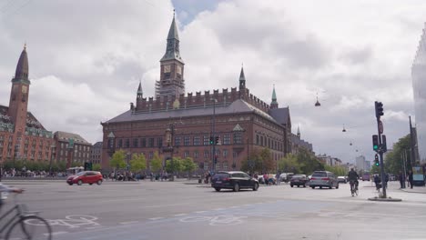 copenhagen city street scene: town hall and traffic