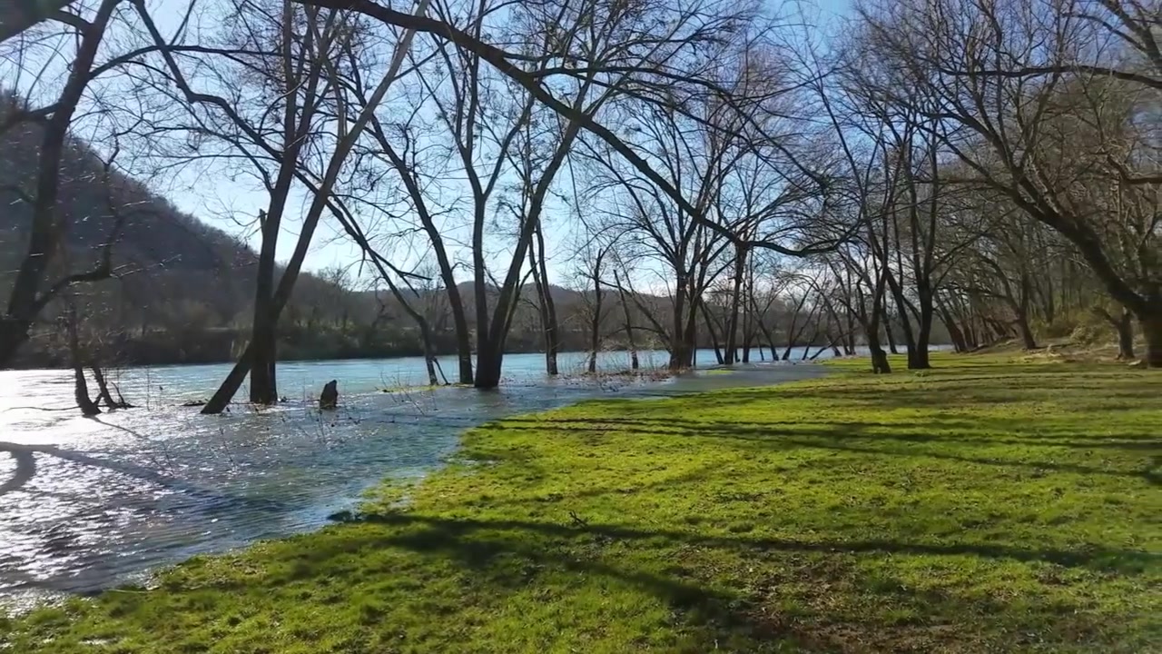 Clip del fiume White nell'Arkansas settentrionale, nell'area di accesso di Buffalo City vicino a Mountain Home durante l'alta marea. Quest'area è conosciuta in tutto il mondo per i suoi panorami mozzafiato e la pesca fantastica