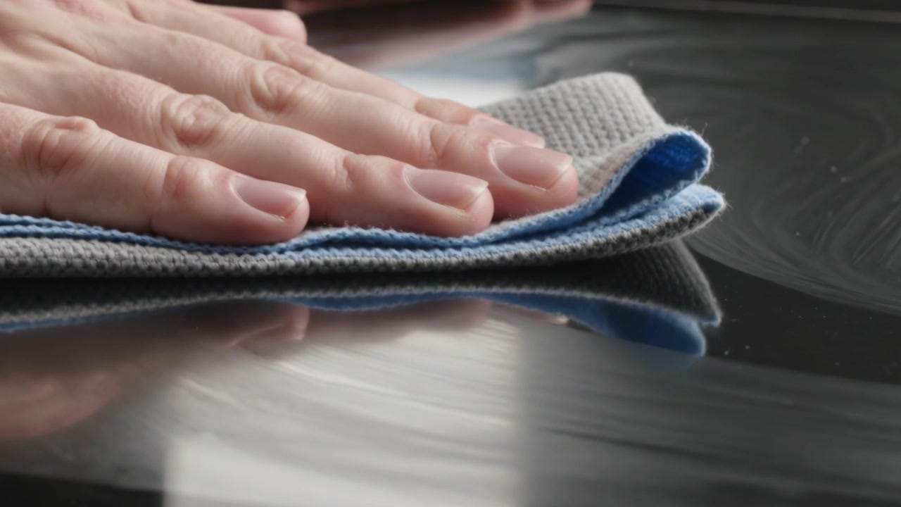 Placing microfiber cloth, hands pressing and wiping glossy black cooktop, removing circular smears