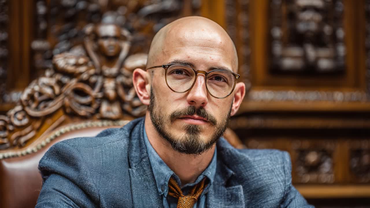 A Thoughtful Individual Ponders in a Classic Legislative Setting, Showcasing a Balancing Act Between Tradition and Modernity in Leadership and Decision-Making