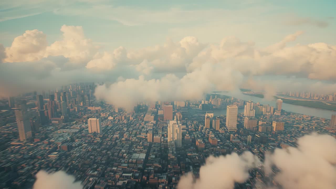 Starting at sunrise glow, camera gliding over metro grid and riverfront as clouds drifting eastward
