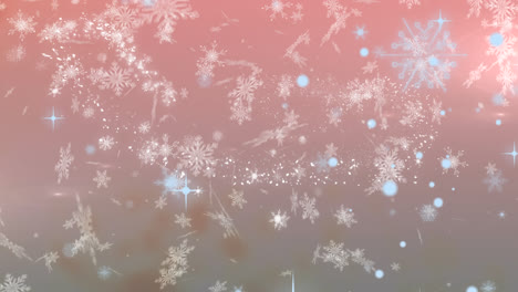 digital animation of snowflakes falling against spot of light on pink background