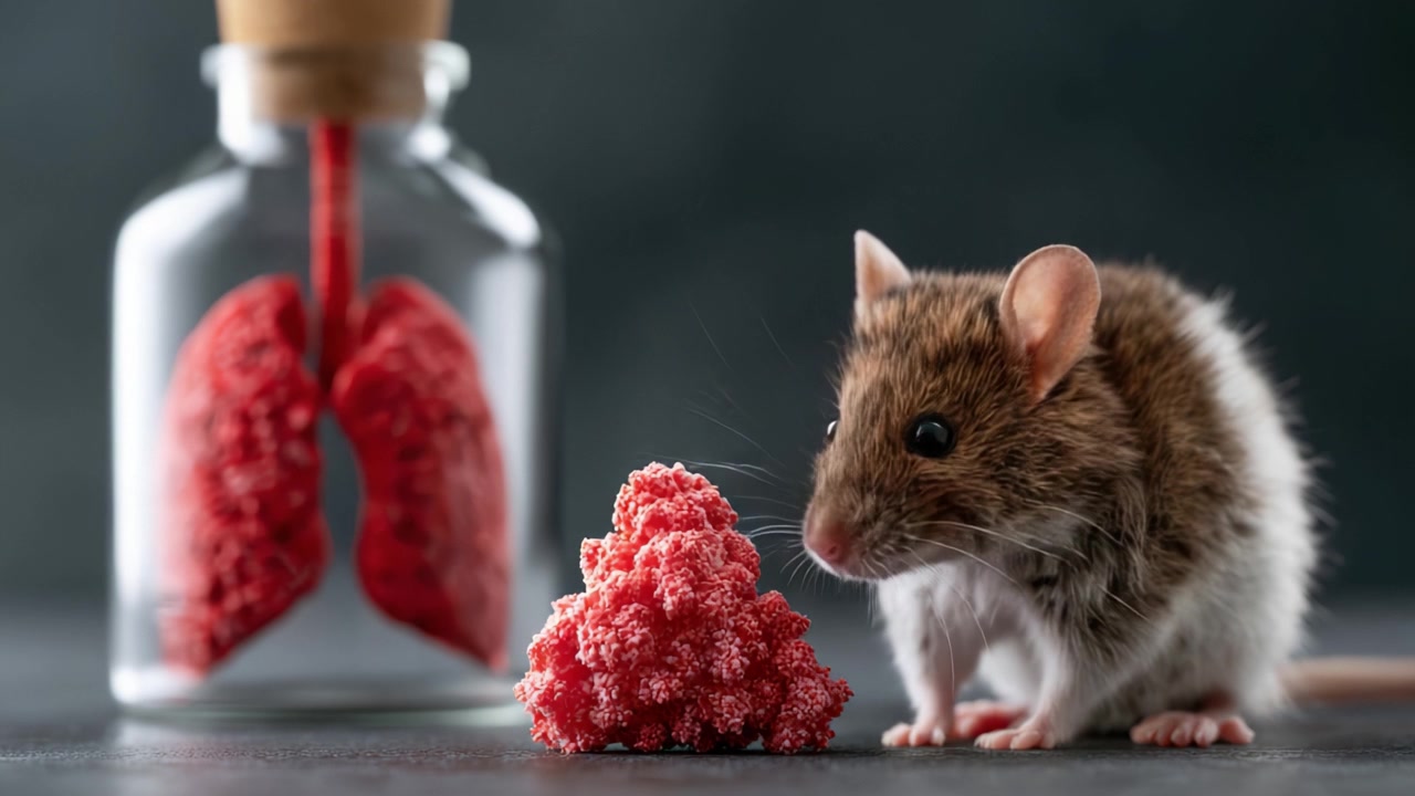 Esplorando la salute polmonare: Un primo piano di un topo da laboratorio con un modello di polmoni in un ambiente sperimentale controllato.