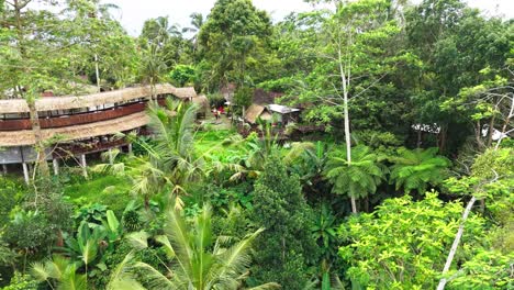 Green jungle and resort buildings in Indonesia, aerial orbit view