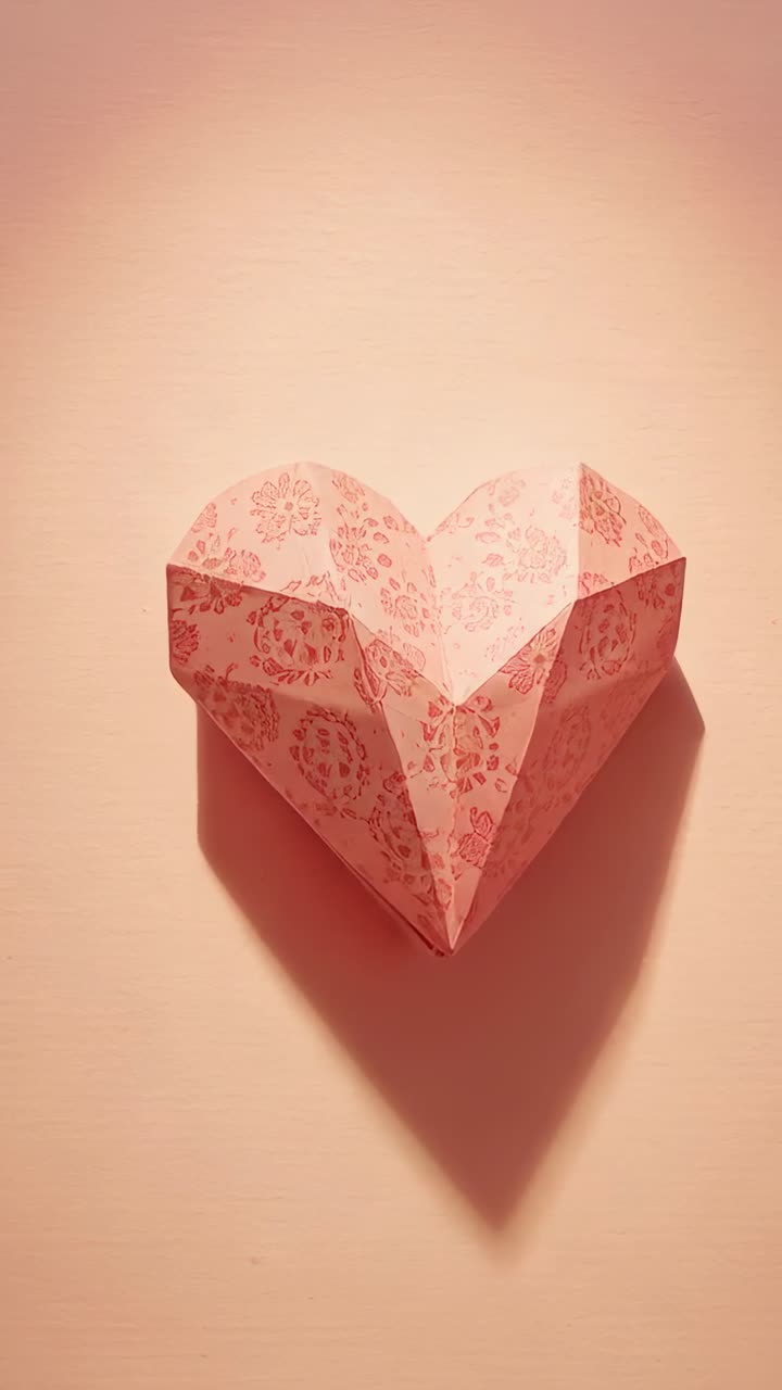 Vídeo vertical: Corazón de origami floral rosa inclinado que baja al cambiar el marco en la pared, con la sombra creciendo