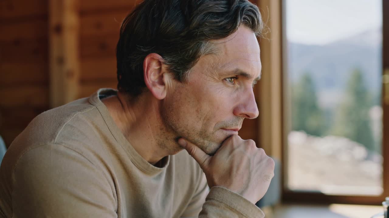 Uomo con maglione beige appoggiato al davanzale di legno, con il mento nella mano destra, che osserva la montagna con una tazza.