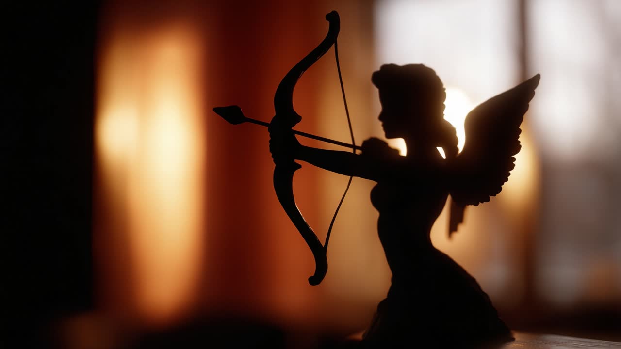 Silhouette di una figura cherubina con arco e freccia che mira delicatamente di fronte a uno sfondo caldo e luminoso raffigurante una scena ipnotica piena di luce