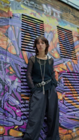 Vertical-Video-Outdoor-Fashion-Portrait-Of-Young-Alternative-Style-Woman-Leaning-Against-Graffitti-Covered-Wall-In-London-City-Street-UK-In-Real-Time-1