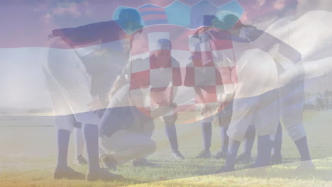 animation of flag of croatia over diverse female rugby players