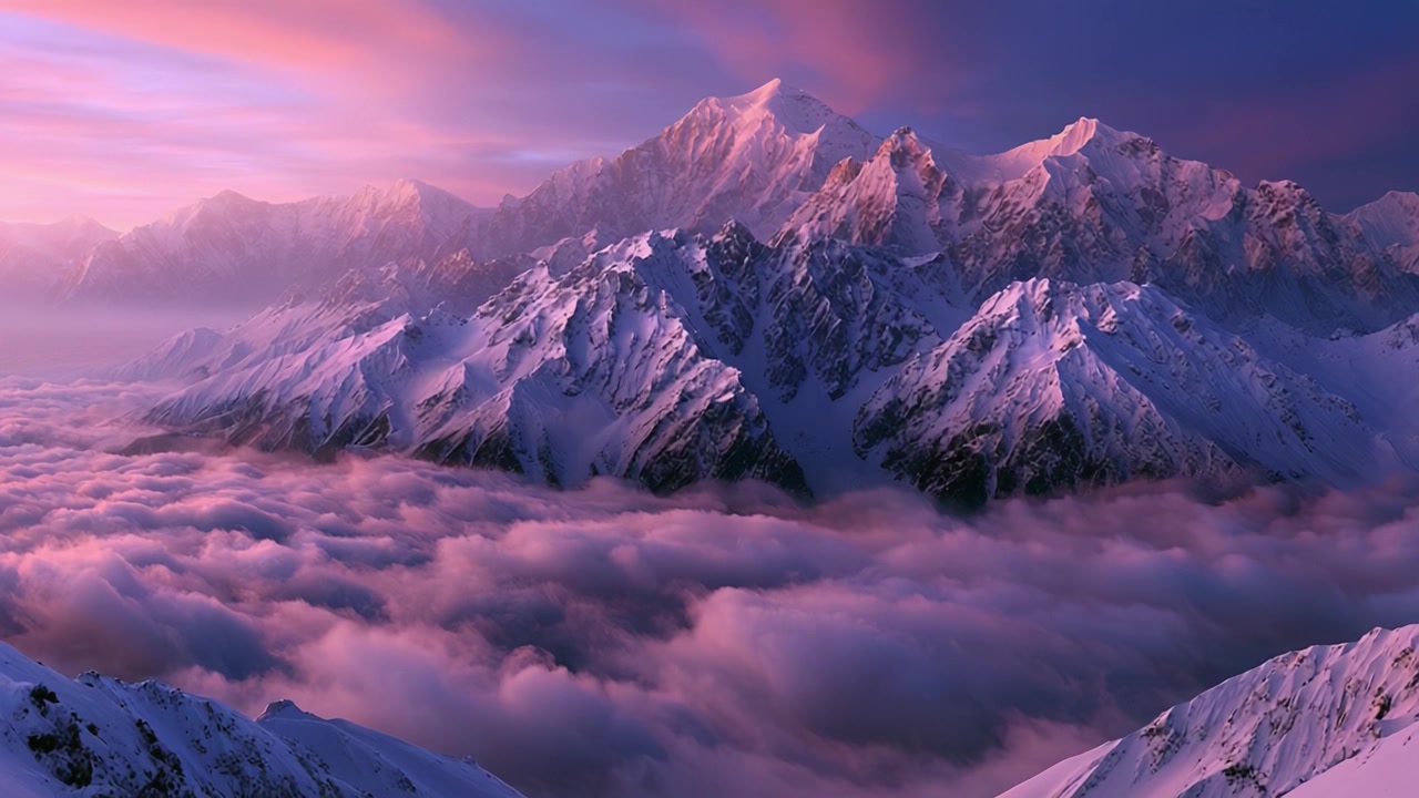 Um panorama deslumbrante exibindo montanhas majestosas elevando-se acima de um sereno mar de nuvens, iluminado pelos tons suaves do amanhecer, criando uma paisagem natural pitoresca