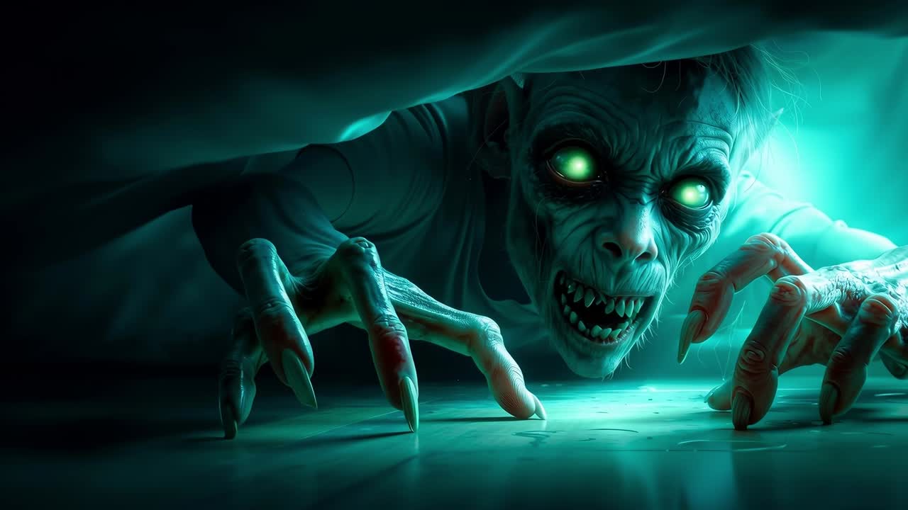 A creepy looking zombie peeking out from under a dark room