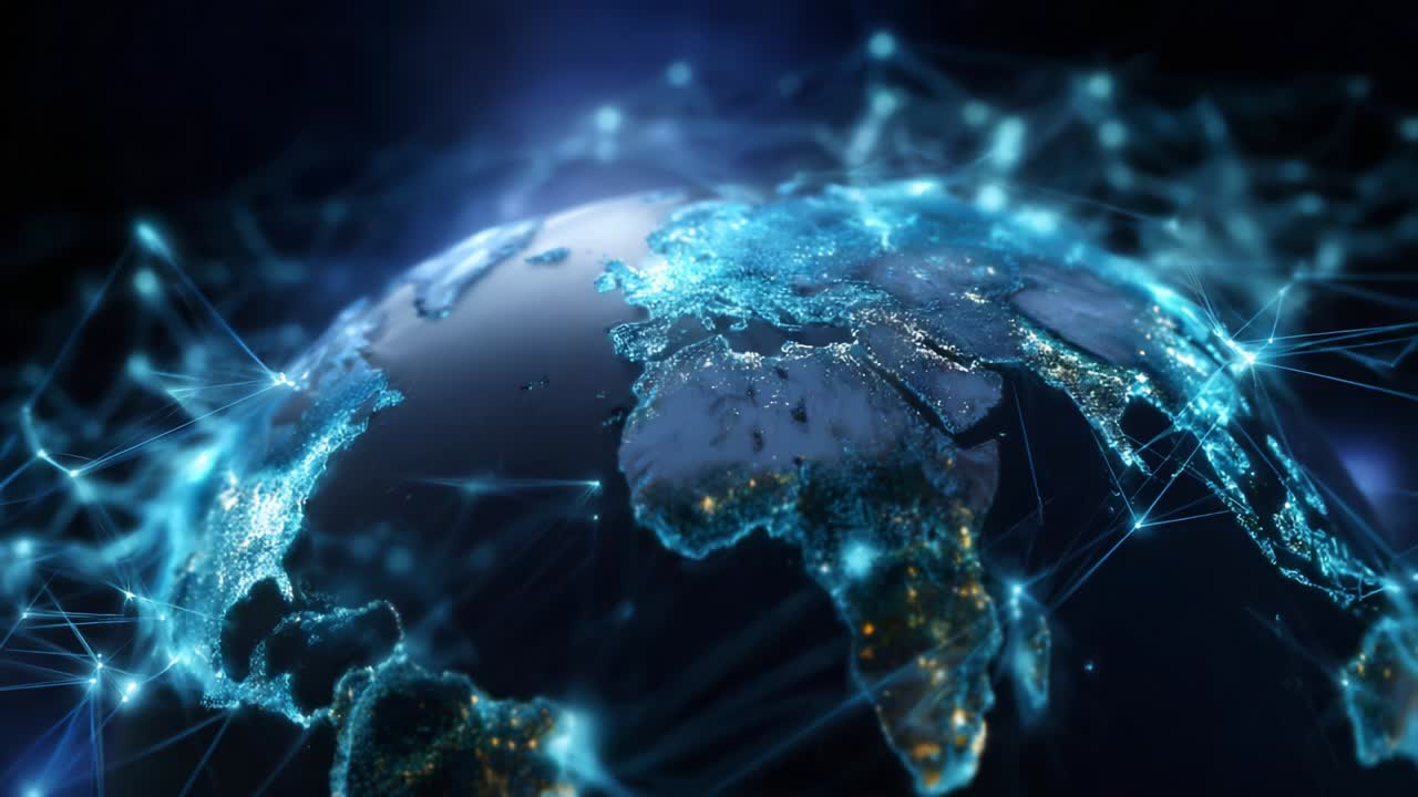 Dynamic Visualization of Earth with Connected Networks Illuminating the Continents and Showcasing the Interconnectedness of Global Communication and Technological Advancements in a Digital Era