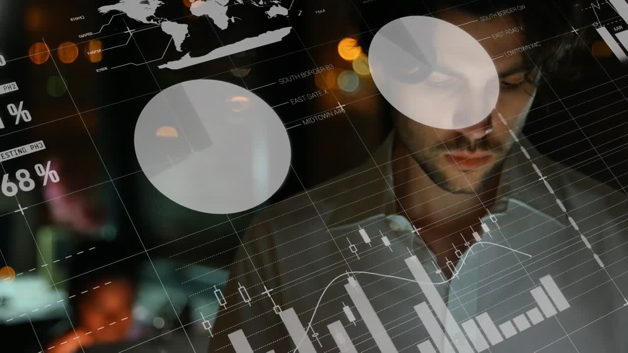 Animation of statistical data processing against thoughtful caucasian man using tablet at office