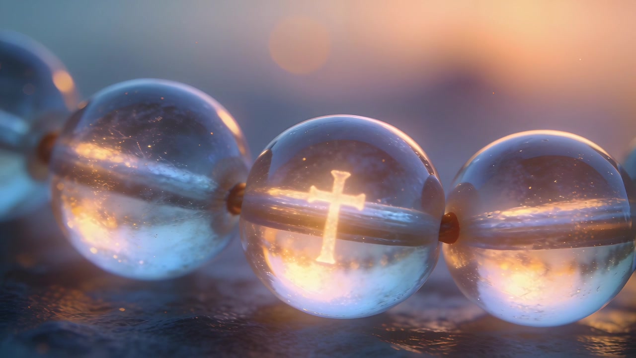 Glowing glass bead strand showing cross shaped light from desk lamp on textured table, spacer knots