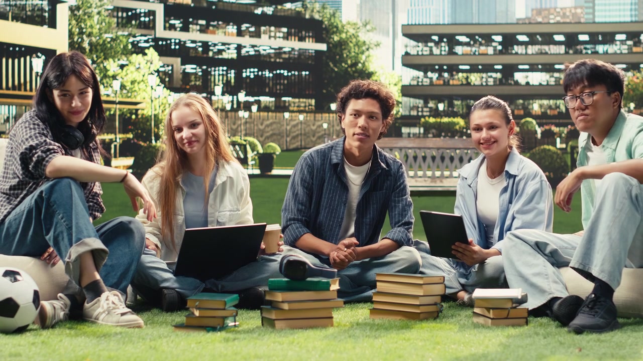 Portrait of diverse students sitting on campus lawn for group study collaboration
