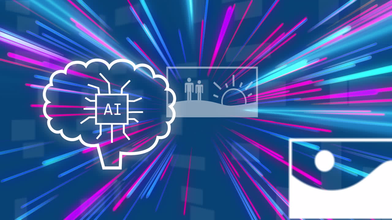 animación de un texto en el cerebro sobre líneas y iconos multicolores contra un fondo azul